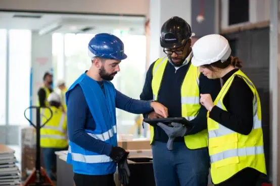 3 individuals wearing high visibility jackets and hard hats at a construction site